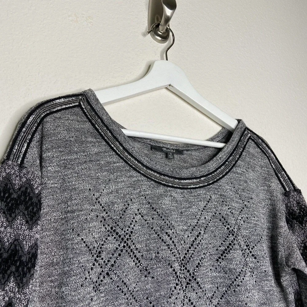 Miss Me Gray Rhinestone Embellished Sequin Beaded Trim Mixed Knit Sweater Sz S